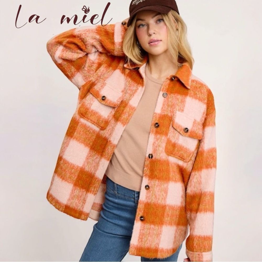 La Miel Orange Check Plaid Brushed Mohair Long Sleeve Women L Oversized Shacket